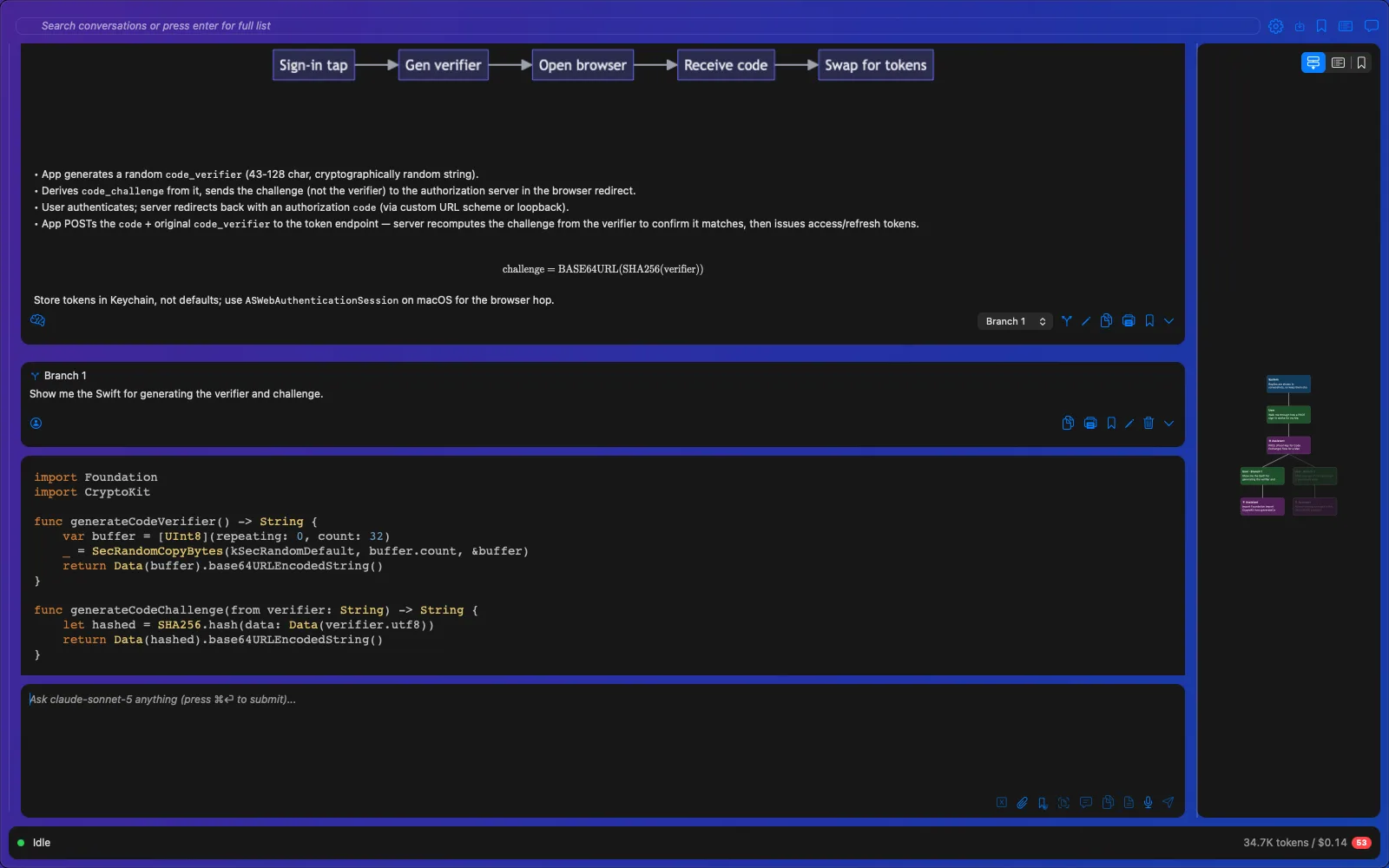 A conversation about PKCE sign-in with a Mermaid flowchart, a formula, highlighted Swift code, and a branched conversation map