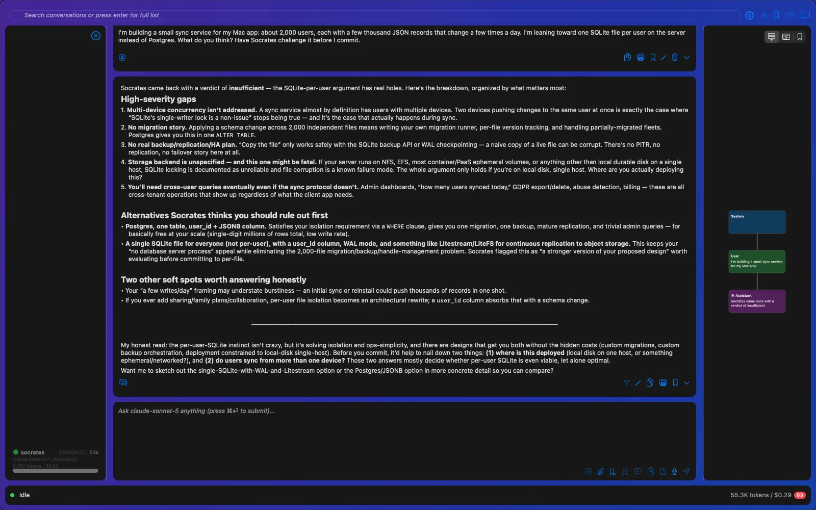 Socratic Reasoning: a second model reviews a plan to use one SQLite file per user and returns a verdict with the gaps it found
